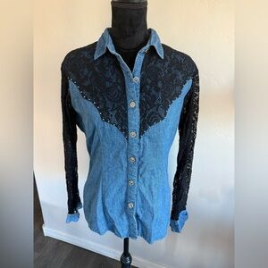 Panhandle Slim Denim Blue Western Shirt with Black Lace and Rhinestone Buttons.